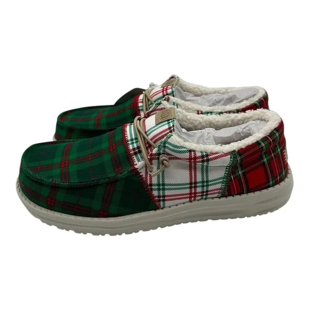 Hey Dude Wally Tri Tartan Plaid Loafer Mens 12 Green White Red Slip On Christmas
